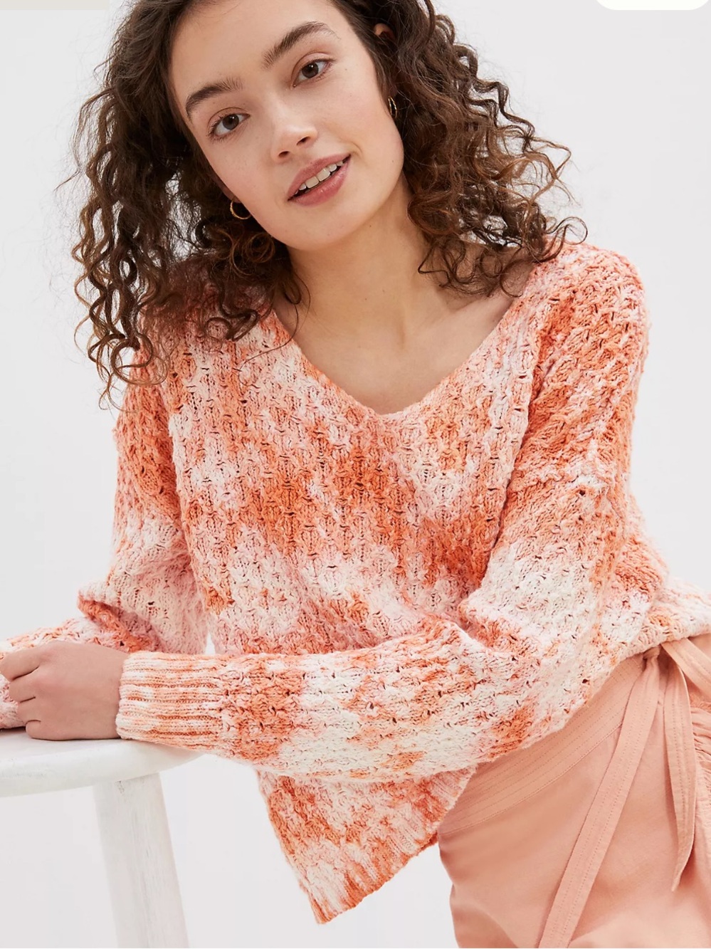 Pilcro Orange and Cream Tie-Dye V-Neck Sweater